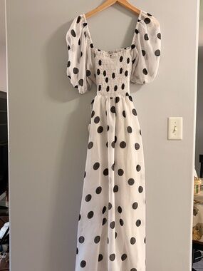 Truth White Maxi Dress with Black Polka Dots and Puff Sleeves